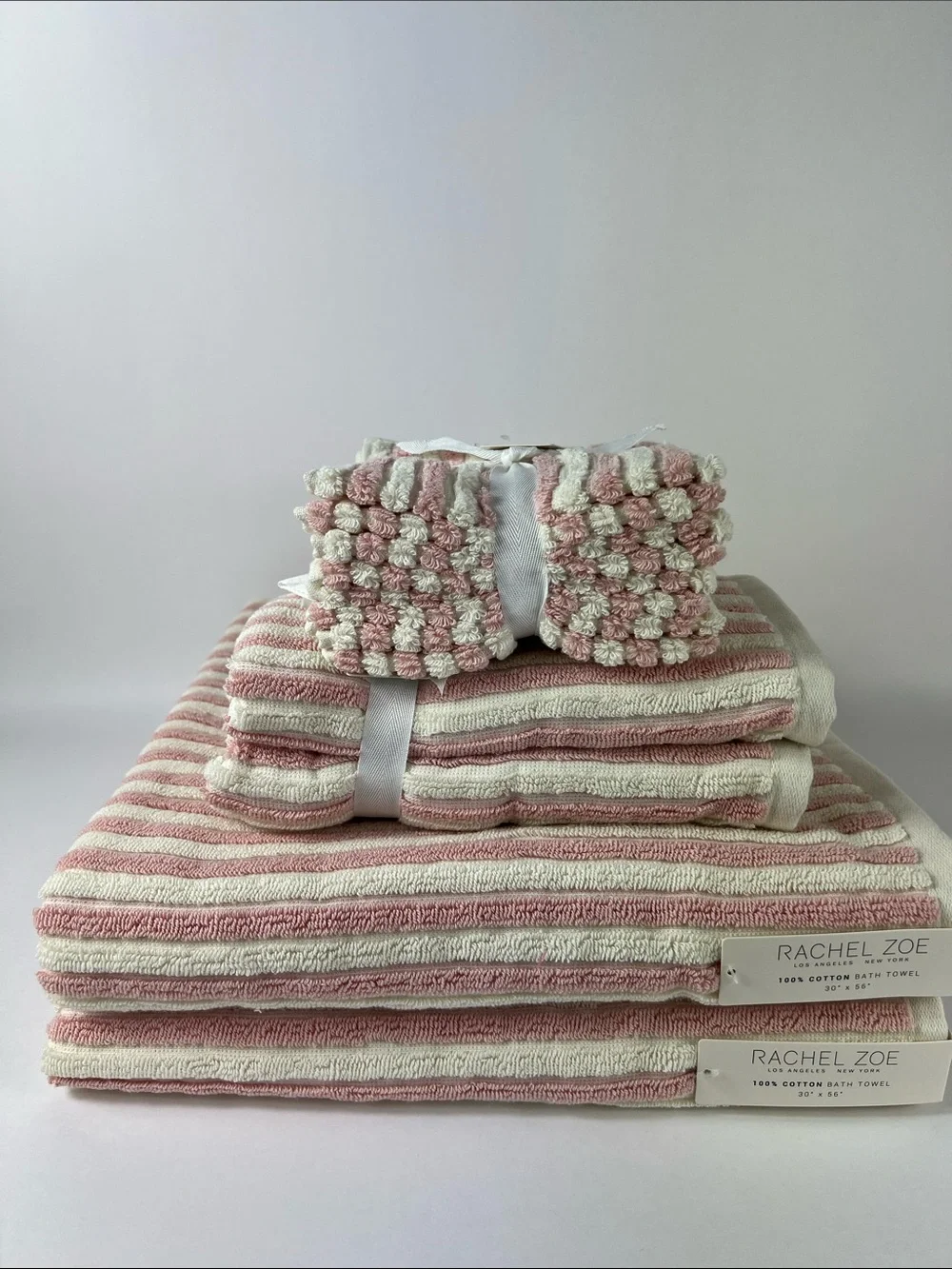 8 Pc Rachel Zoe Bath Towels Set Pink Cream Striped Soft 100% Cotton NEW
